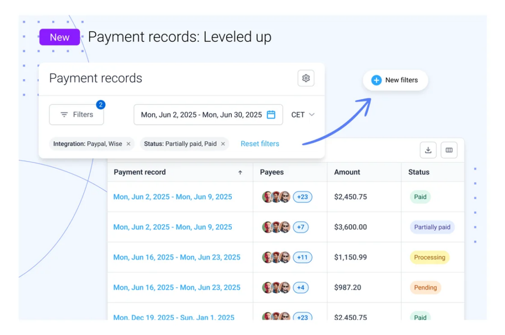 New layout showing payment records with a payees tab, amount, and status drop-downs for paid, partially paid, processing, and pending.