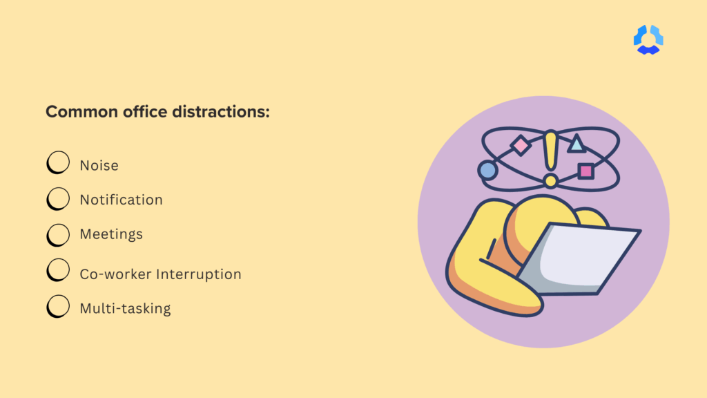 Common office distractions:

- Noise
- Notification
- Meetings
- Co-worker interruption
- Multi-tasking
