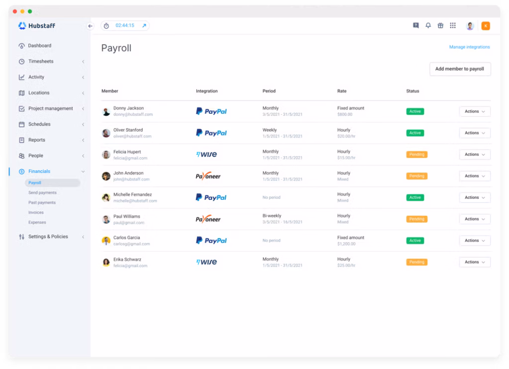 Hubstaff payment integrations showing payments through PayPal, Wise, and Payoneer