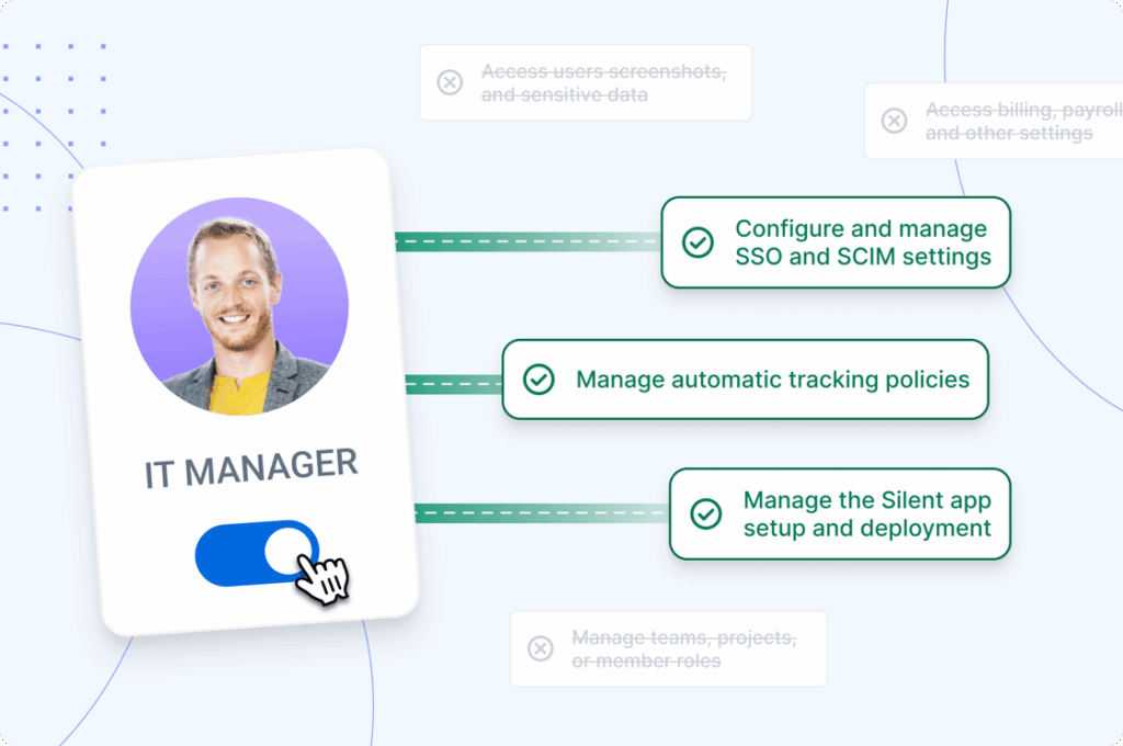 Illustration showing IT Manager permissions for managing SSO, SCIM, tracking policies, and Silent app deployment.