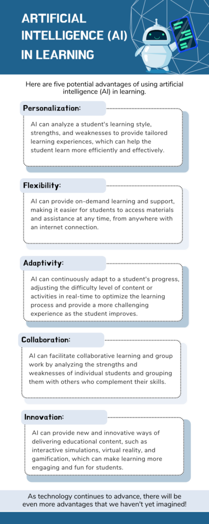 Infographic with five boxes explaining the five advantages of AI: personalization, flexibility, adaptability, collaboration, and innovation