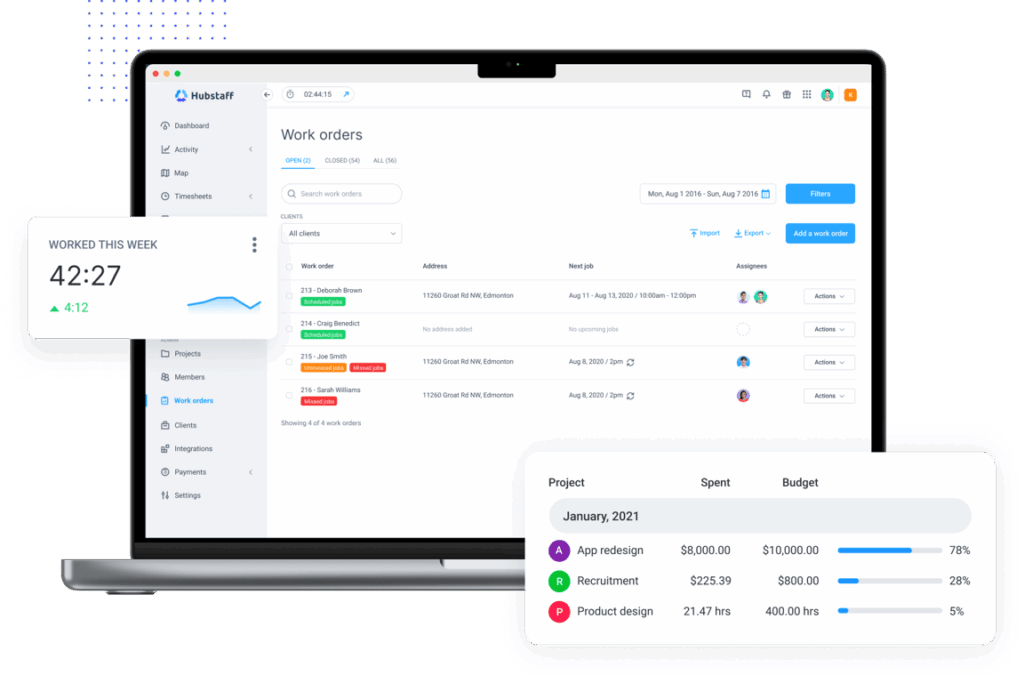 Hubstaff dashboard showing work orders, timesheets, and weekly hours worked.