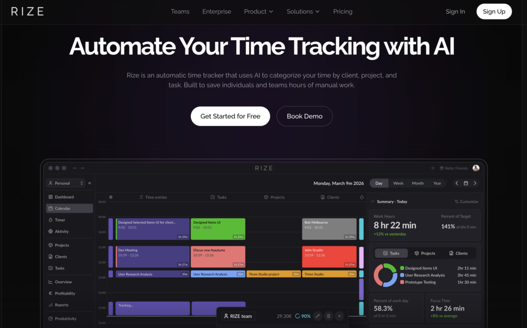 Screenshot showing RIZE automatic time tracking dashboard.