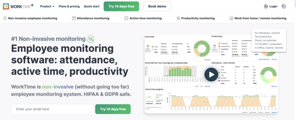 WorkTime homepage hero showing video and hero heading and main nav.