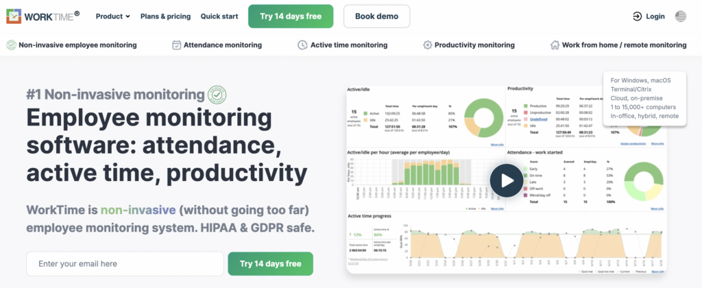 Worktime homepage screenshot showing headline and video of the product.