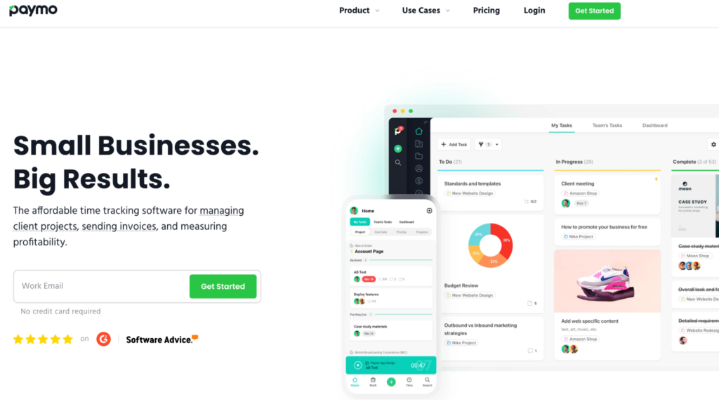 A screenshot of Paymo time tracking software homepage hero section with the headline.
