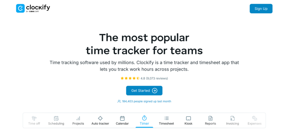 A screenshot of Clockify time tracking software homepage hero section with the headline.