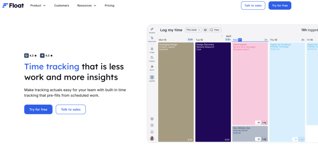 A screenshot of Float time tracking software homepage hero section with the headline.