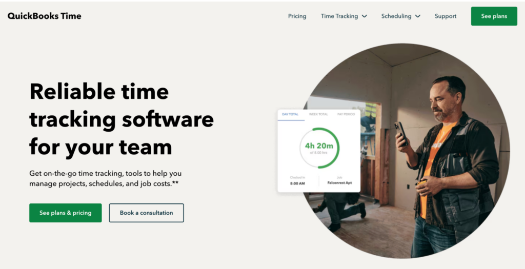 A screenshot of QuickBooks time tracking software homepage hero section with the headline.