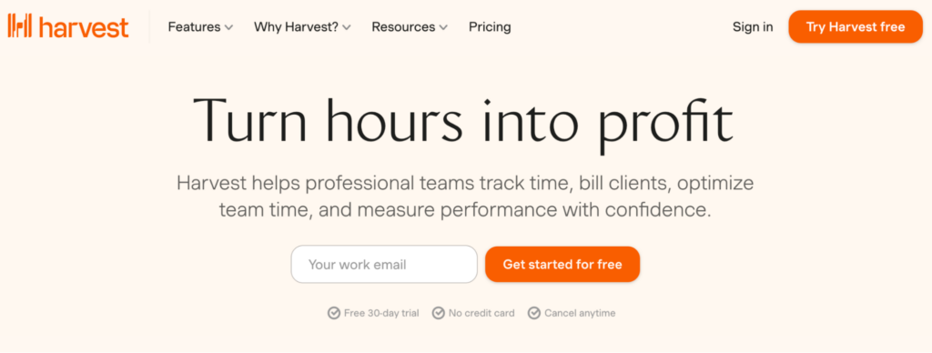A screenshot of Harvest time tracking software homepage hero section with the headline.