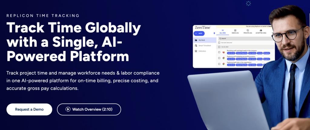 Replicon AI-powered time tracking platform interface with a professional using a laptop.