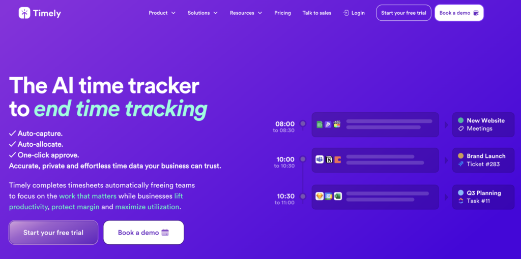 Timely AI time tracking dashboard showing auto-captured tasks and timeline.