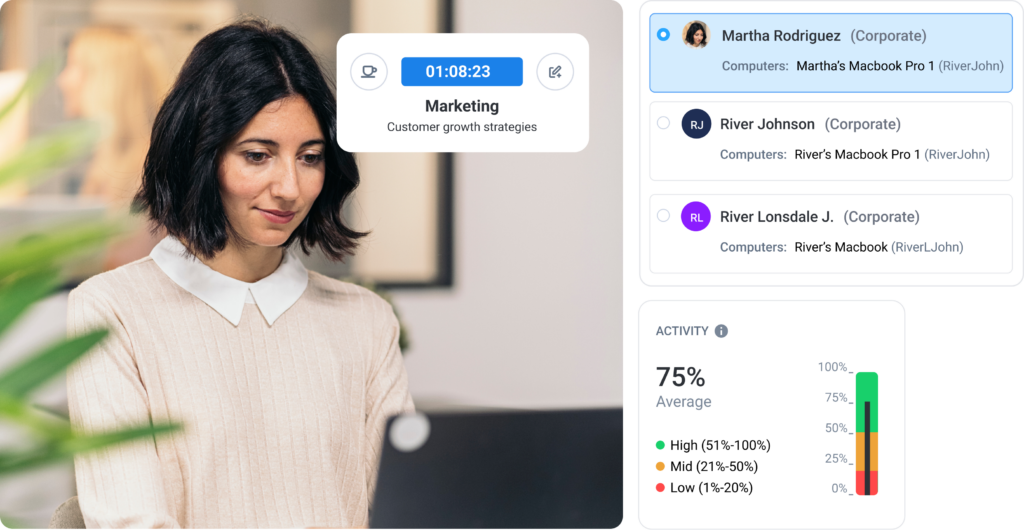 Woman tracking time on company-issued laptop using Hubstaff's automatic tracking software.