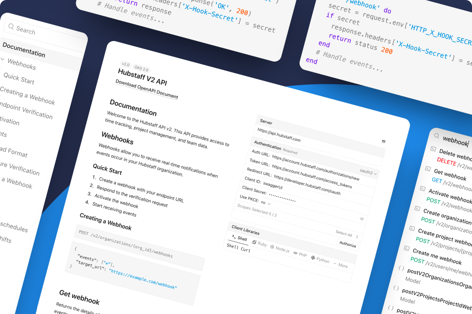 Hubstaff developer doc screenshots showing snippets of code and API documentation.