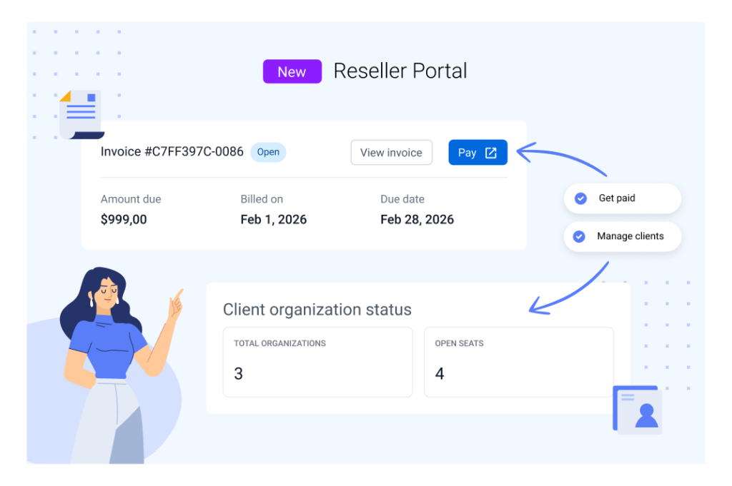 Reseller portal screenshot showing an open invoice and the ability to manage clients.