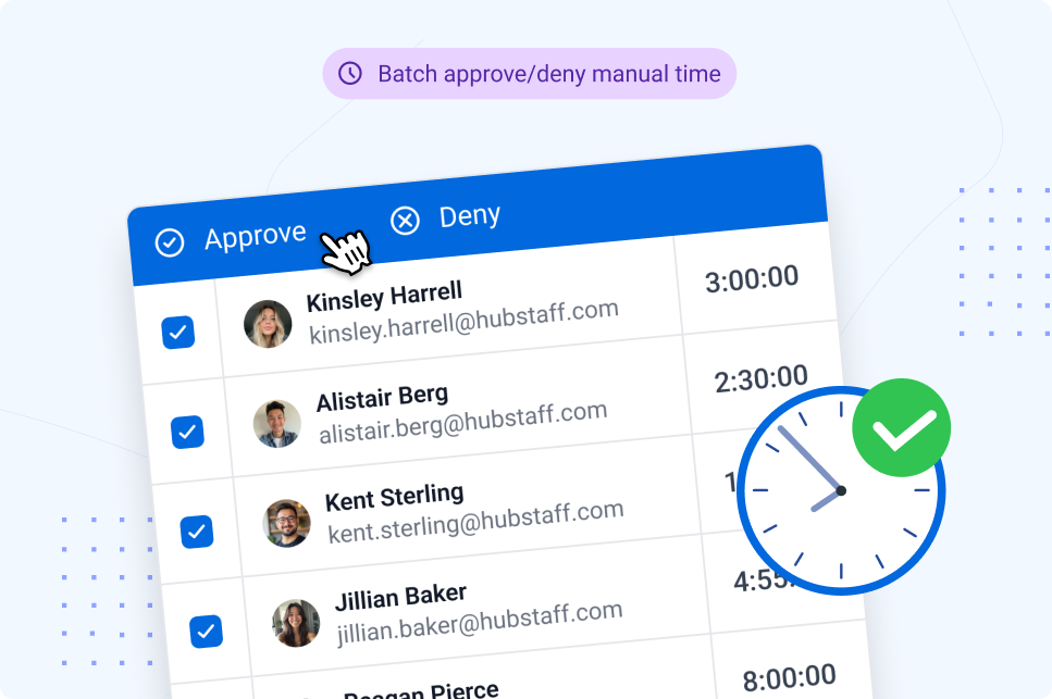 Batch actions screenshot showing the ability to approve or deny manual time ads in bulk.