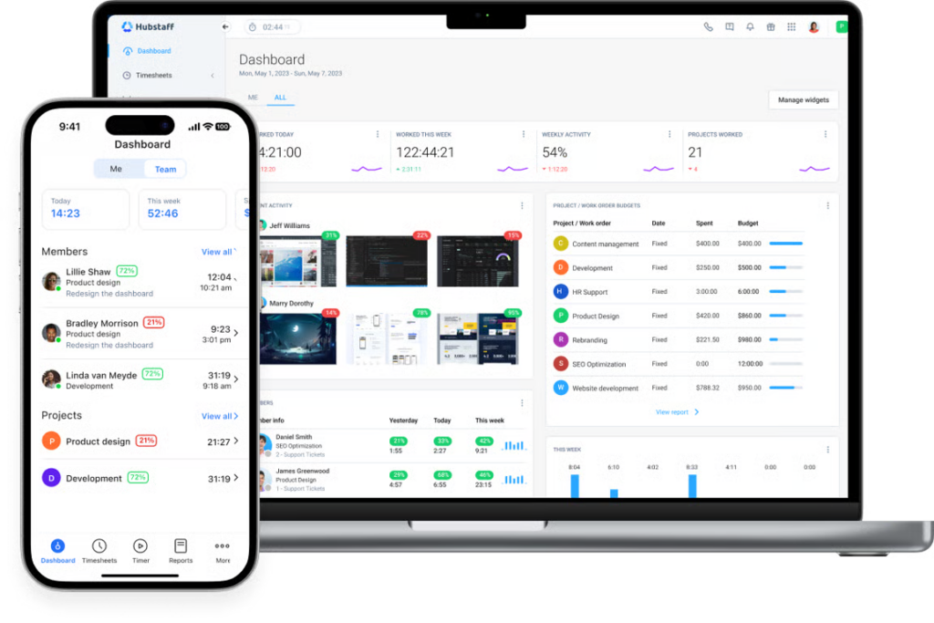 Hubstaff desktop and mobile tracking image showing the software on both a mobile phone screen and laptop.