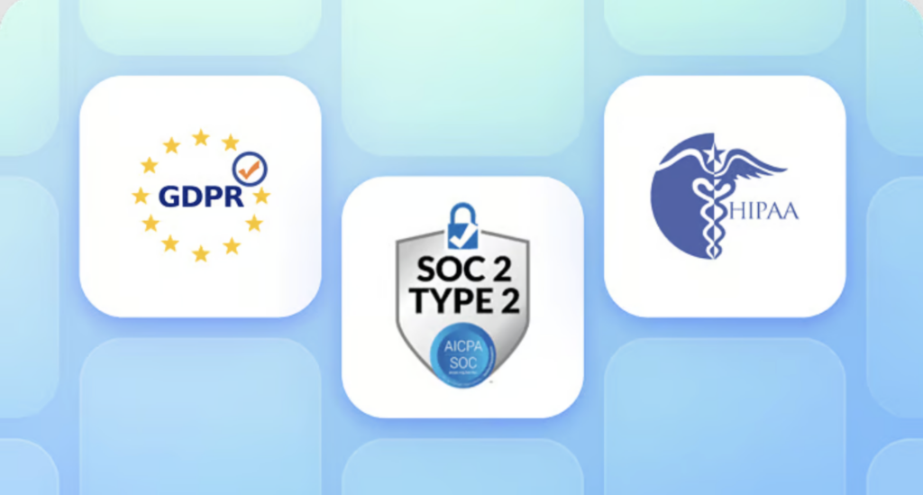 Graphic showing GDPR, HIPAA, and SOC 2 logos ensuring that Hubstaff is up to date in enterprise-grade compliance.