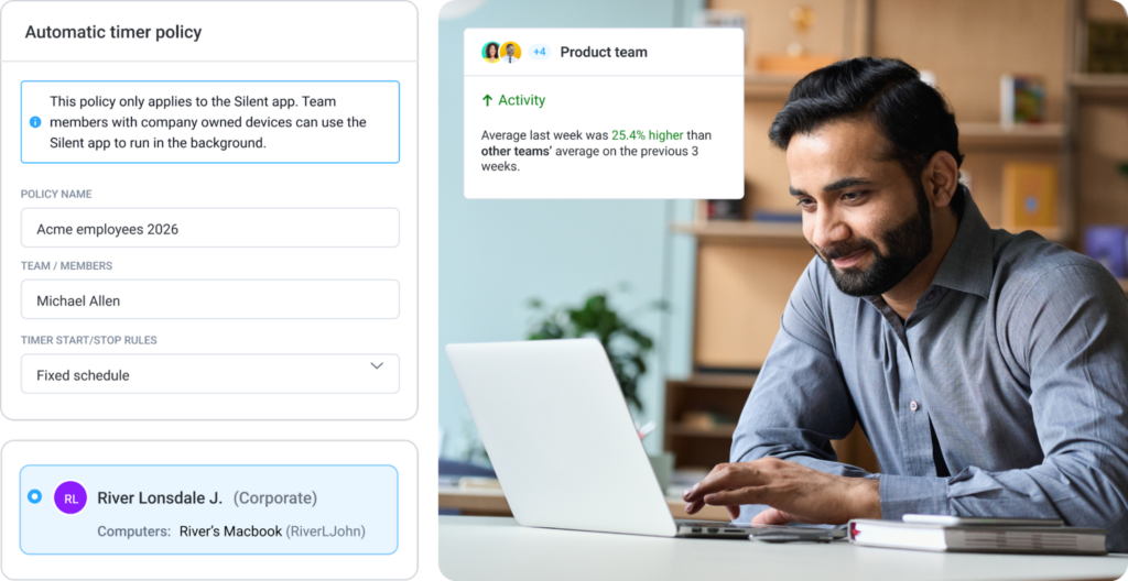Man working from a laptop creating an automatic timer policy for Hubstaff's automatic time tracking for company-owned devices.