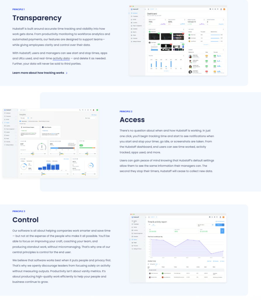 The screenshot combines Hubstaff's three guiding principles: transparency, access, and control.