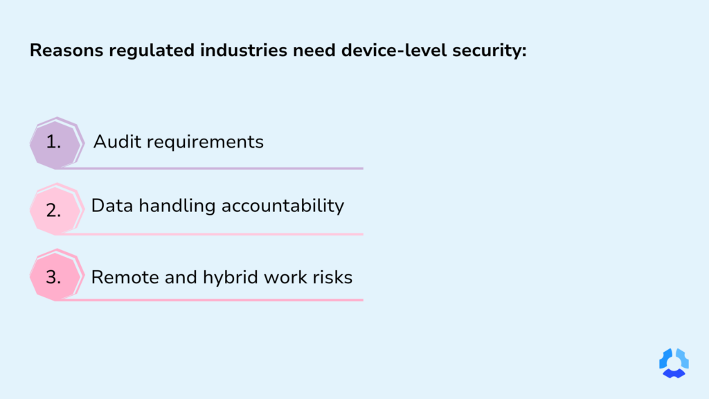 Reasons regulated industries need device-level monitoring
blue image showing three reasons for device monitoring: audit requirements, data handling and security, and remote and hybrid work risks.