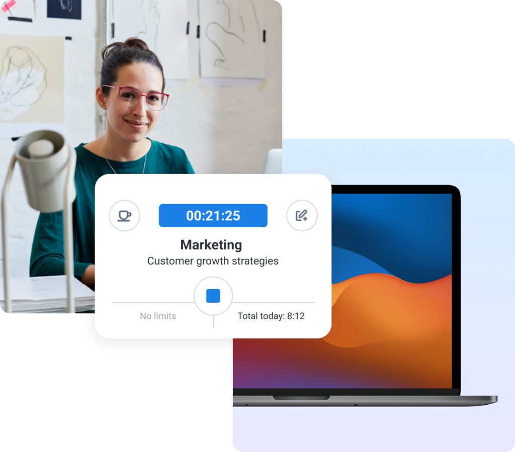 Woman working from a company-owned device using Hubstaff SIlent App.