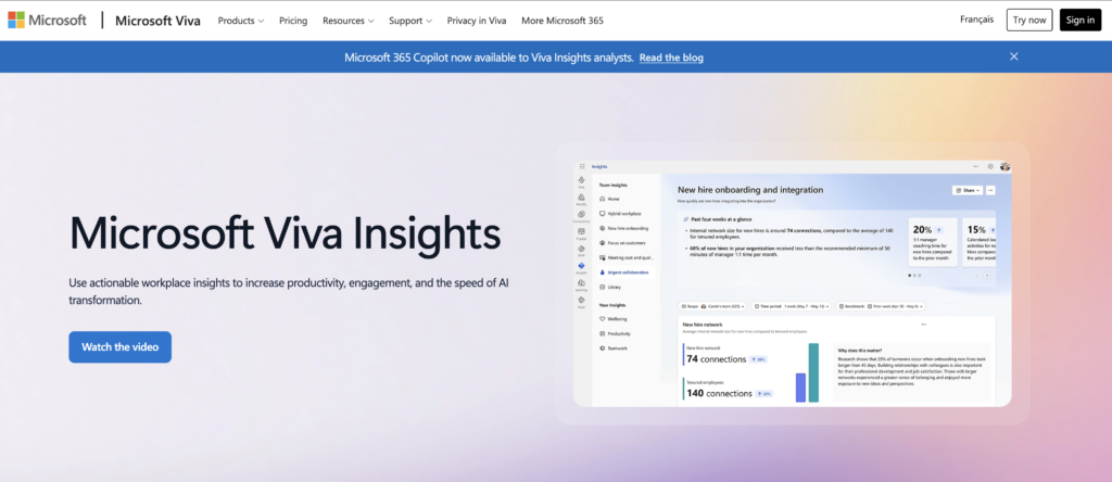 The screenshot shows Microsoft Viva Insights homepage featuring the workplace analytics dashboard.