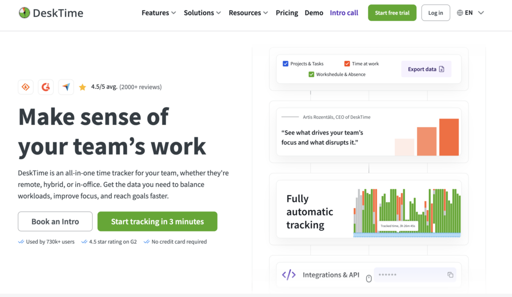 The screenshot shows DeskTime homepage promoting employee time tracking and productivity monitoring software.