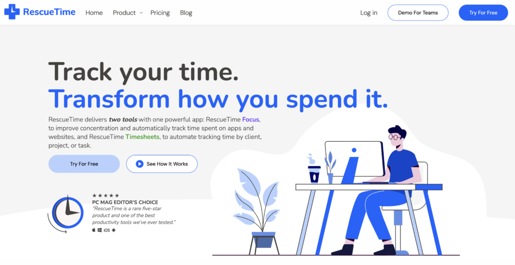 The screenshot shows RescueTime homepage promoting time tracking and productivity management software.