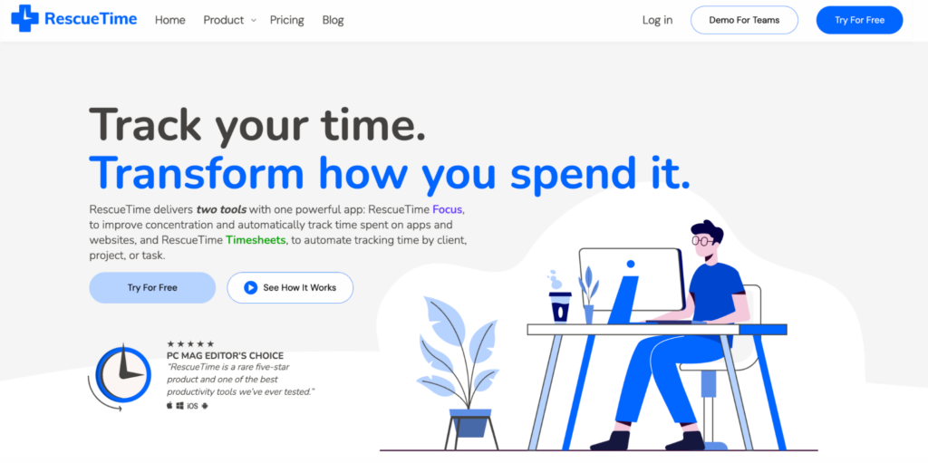 Rescue time homepage showing man on a computer working.