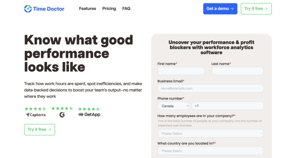 Time Doctor workforce analytics landing page featuring productivity tracking software.