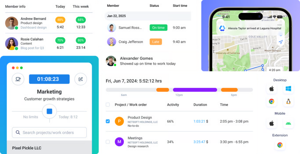 Hubstaff employee time tracking interface showing attendance, productivity, and work activity features.