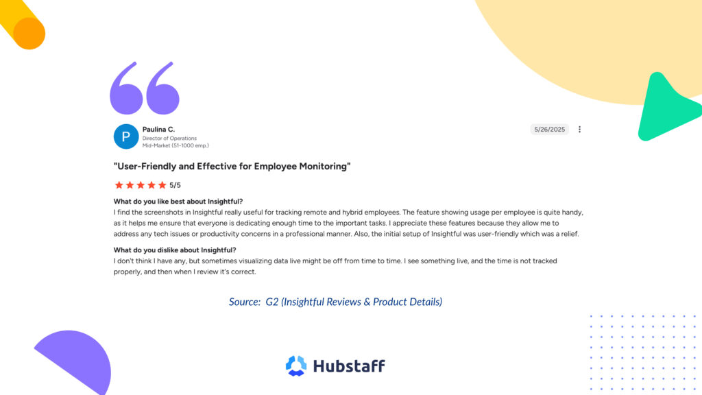 The image shows a G2 user review of Insightful’s activity tracking software.
