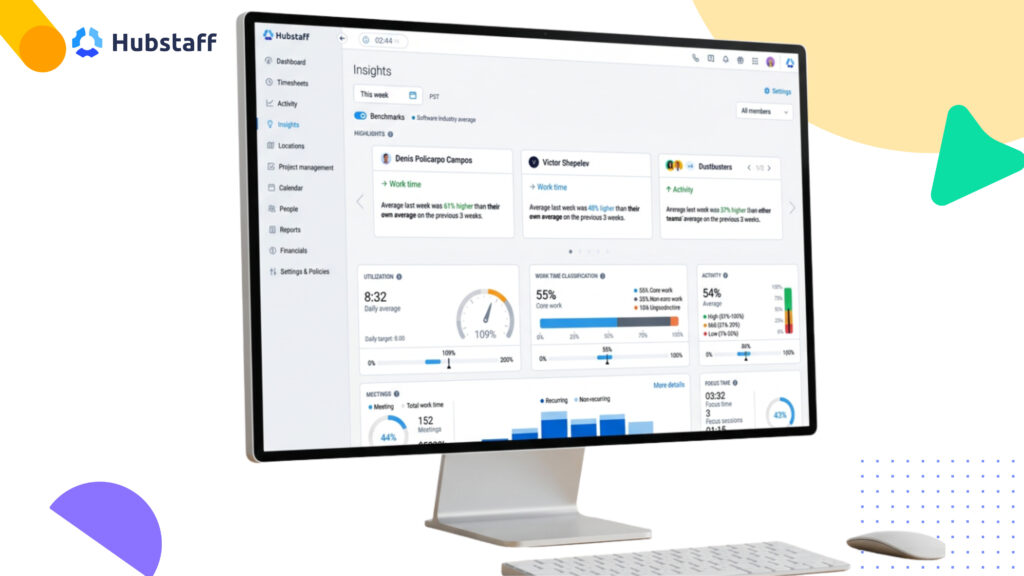 Hubstaff Insights dashboard displaying workforce utilization, activity levels, work time, focus time, and productivity benchmarks.