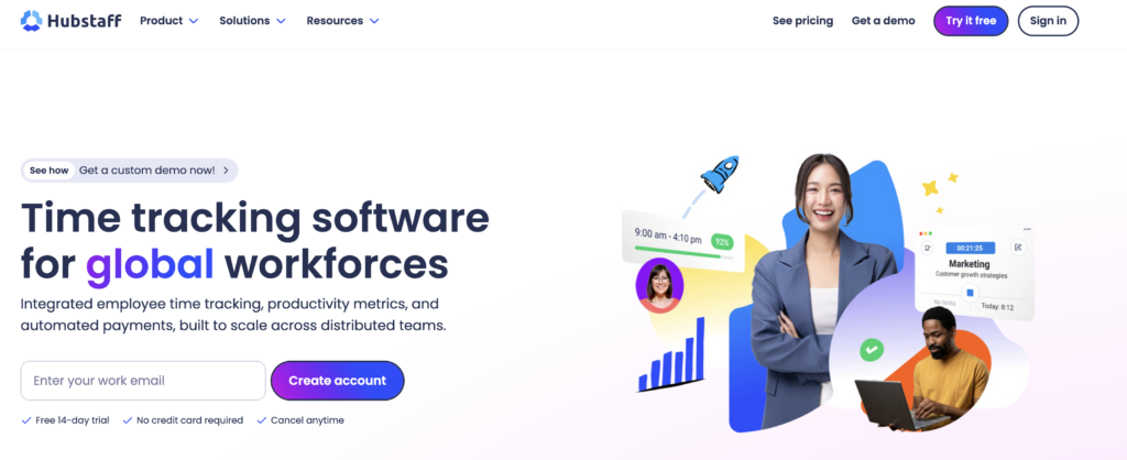 Hubstaff homepage featuring time tracking software for global workforces.