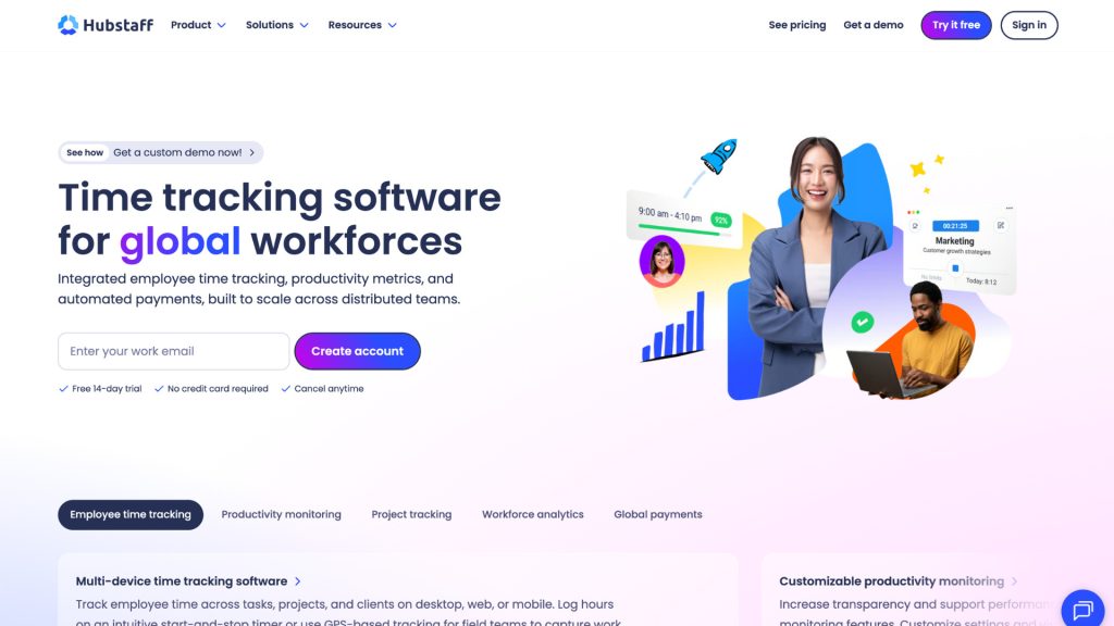 Hubstaff homepage highlighting time tracking for global workforces, productivity monitoring, workforce analytics, and automated payments.