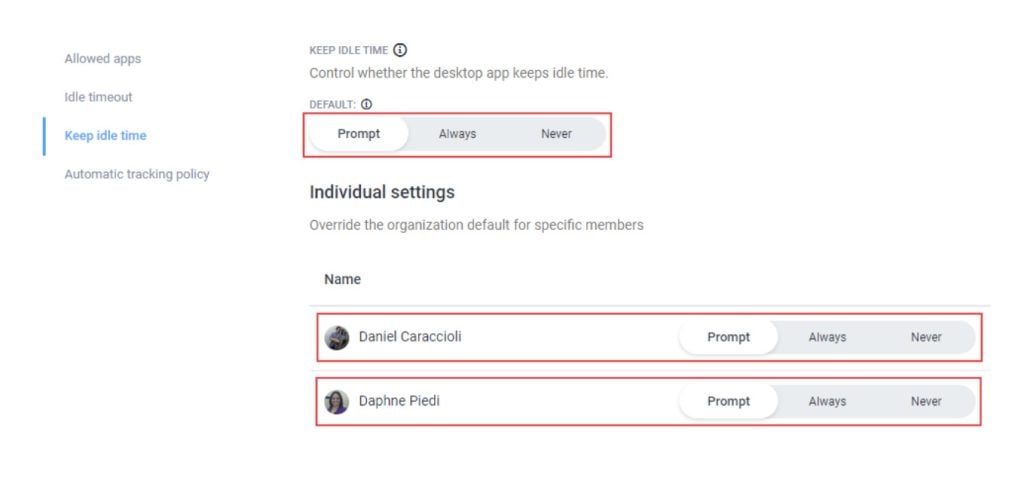 Screenshot of Hubstaff’s Keep idle time settings, showing Prompt options for individual team members.